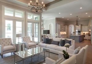 Example of a square living room layout with balanced furniture arrangement and stylish decor