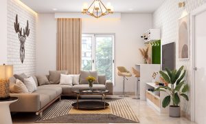 Example of a well-designed rectangular living room layout with furniture arrangement and decor"