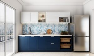 Kitchen design showcasing sustainable materials like bamboo cabinetry and recycled glass countertops