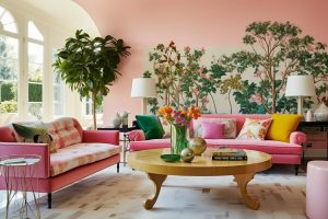 Living room with two chairs, a table, and a vase of flowers in front of a window. Spring best seasonal home decor trends focus on nature and pastels.