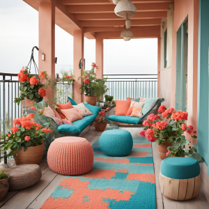 Balcony with a couch, chairs, ottomans, and colorful flowers. Summer best seasonal home decor trends feature bold colors and creating inviting outdoor spaces.