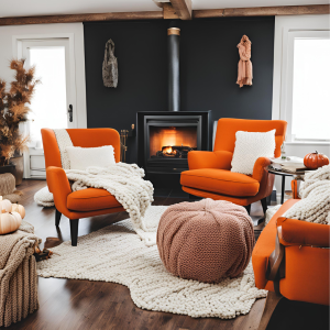 Living room with a fireplace, armchair, throw blanket, and pumpkin on a coffee table. Fall best seasonal home decor trends include cozy elements and natural accents.