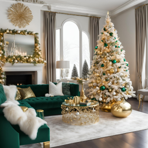 Living room decorated for winter with a Christmas tree, fairy lights, a fireplace, and a couch. Winter best seasonal home decor trends focus on festive touches for a sparkling and elegant look.